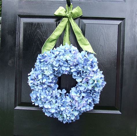 Blue Hydrangea Wreath with Sage Green Ribbon. $65.00, via Etsy. | Blue hydrangea wreath, Blue ...