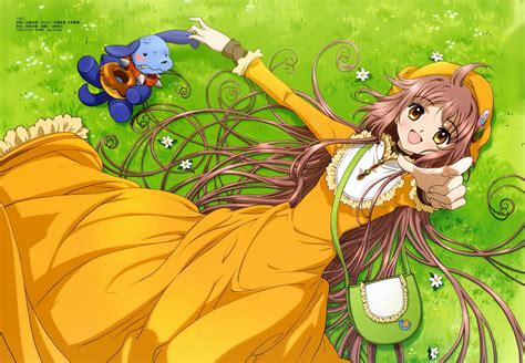 Female anime character wearing yellow dress lying on green grass HD ...