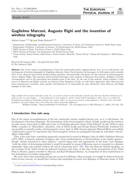 (PDF) Guglielmo Marconi, Augusto Righi and the invention of wireless telegraphy