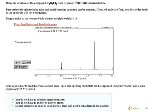 Draw the structure of the compound C2H4Cl2 from its proton (H) NMR spectrum below. First-order ...