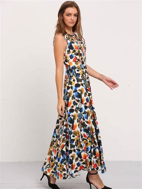 Multicolor Sleeveless Print Hollow Maxi Dress -SheIn(Sheinside)