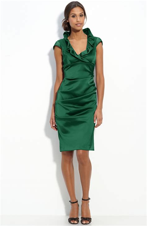 Xscape Ruffle Collar Stretch Satin Sheath Dress in Green (emerald) | Lyst