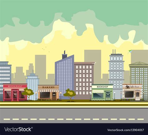 City street with urban buildings and shops Vector Image