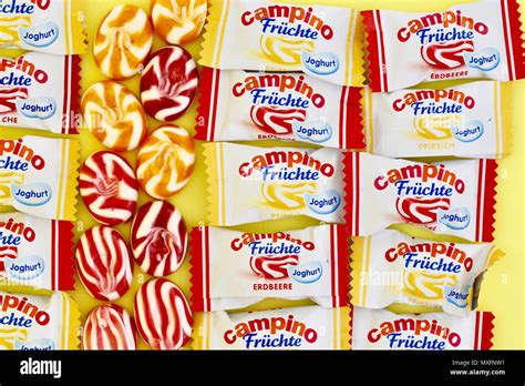 Campino boiled sweets, fruit and yogurt flavours, yellow background Stock Photo - Alamy