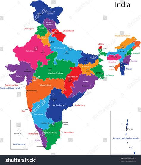 Map Of The Republic Of India With The States Colored In Bright Colors ...