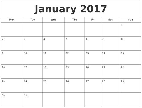 January 2017 Printable Calendar