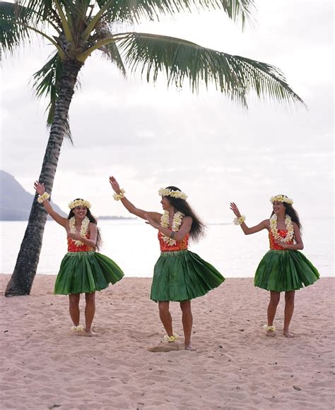 three women in green hula skirts dancing on the beach with palm trees ...