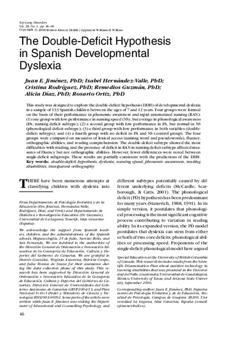 (PDF) The Double-Deficit Hypothesis in Spanish Developmental Dyslexia | Remedios Guzmán R ...