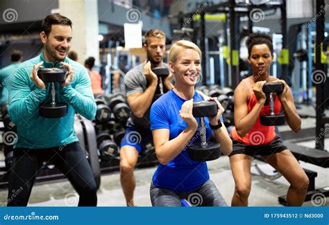 Group of Fit People in Gym Training. Multiracial Group of Friends Working Out Together Stock ...