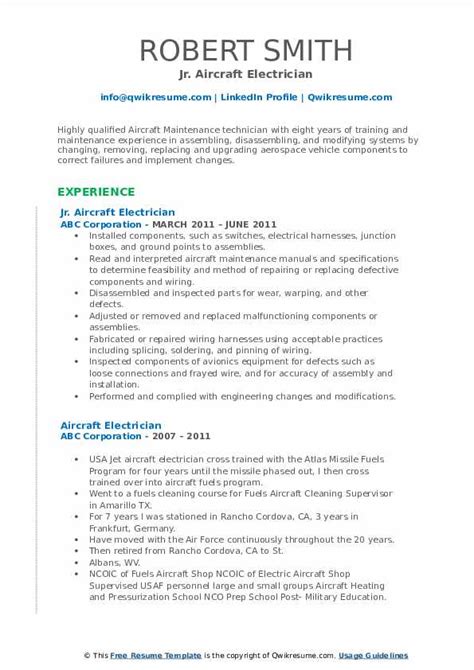 Aircraft Electrician Resume Samples | QwikResume