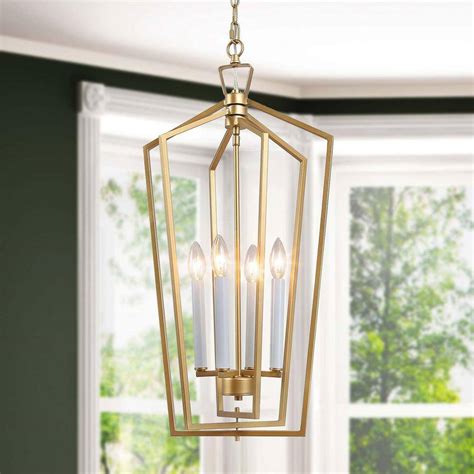 Uolfin Gold Cage Pendant Light, Modern 4-Light Gold Geometric Dining Room Chandelier with Candle ...