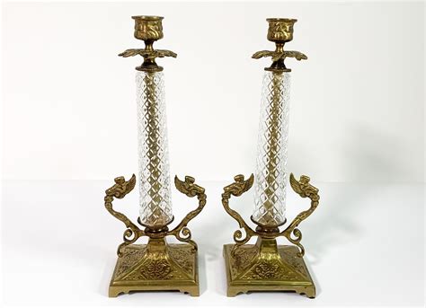 2 Brass & Glass Candlestick Holders w/ Angels - Pair Vintage Candle Holders w/ Diamond Pattern ...