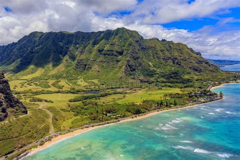 Aerial View of Oahu Coastline and Mountains in Honolulu Hawaii Stock Photo - Image of north ...