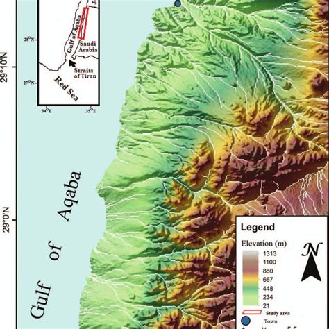 Topographic map of the coastal area of the Gulf of Aqaba showing the ...