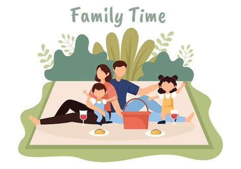 Premium Vector | Family time of joyful parents and children spending time together at park doing ...