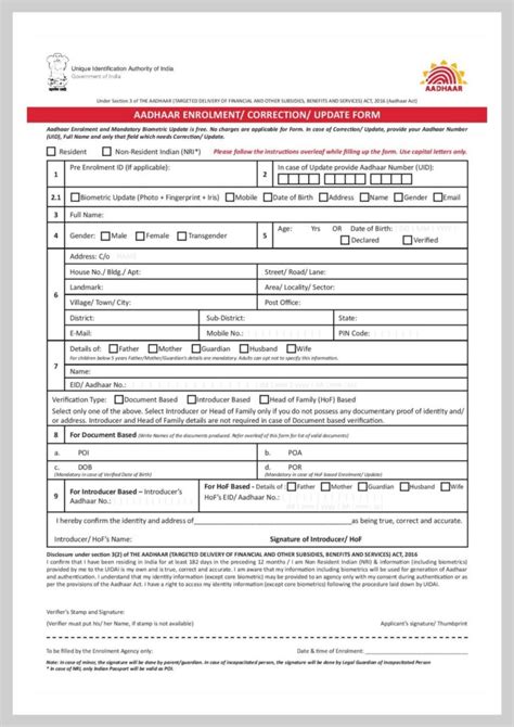 Aadhar Card Correction Form PDF Download Data Update / Correction