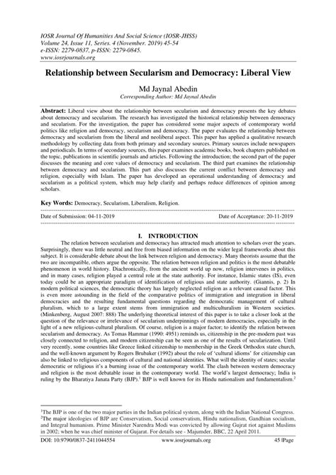 (PDF) Relationship between Secularism and Democracy: Liberal View