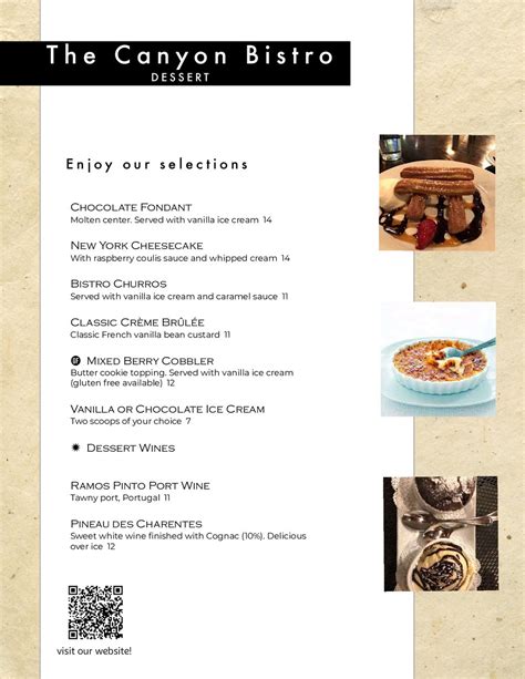 Dessert Menu of Canyon Bistro & Wine Bar - French American Cuisine — Canyon Bistro & Wine Bar