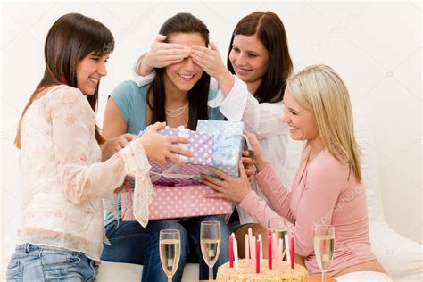 Birthday party - woman getting present, surprise Stock Photo by ...