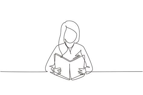 Single continuous line drawing girl reading book, education. Woman ...