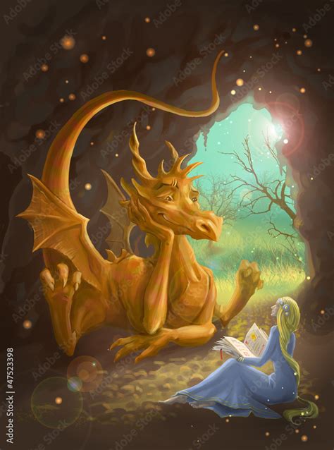 dragon and princess reading a book Stock Photo | Adobe Stock