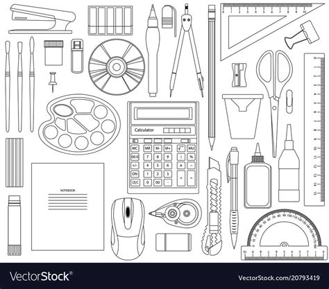 Black-and-white set of office supplies Royalty Free Vector | Black and white office, White ...