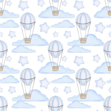 Premium Vector | Newborn baby boy blue clouds and air balloon ...