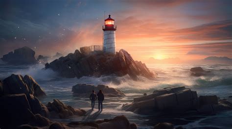 A 4K ultra hd wallpaper portraying a heart-shaped lighthouse on a rocky shore, with waves ...