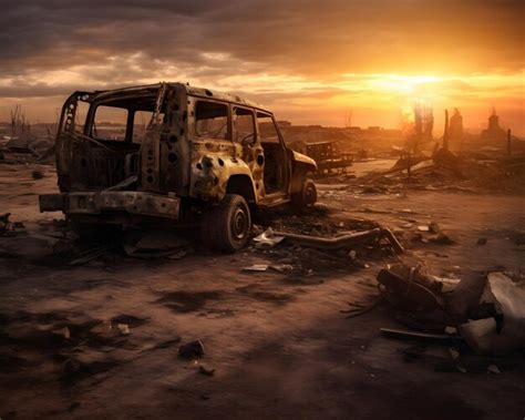 Premium AI Image | In post apocalyptic art a collection of military vehicle wrecks are displayed ...