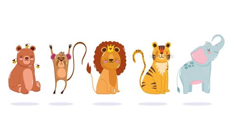 Cartoon animals. Lion, tiger, bear, monkey, and elephant 1384252 Vector ...