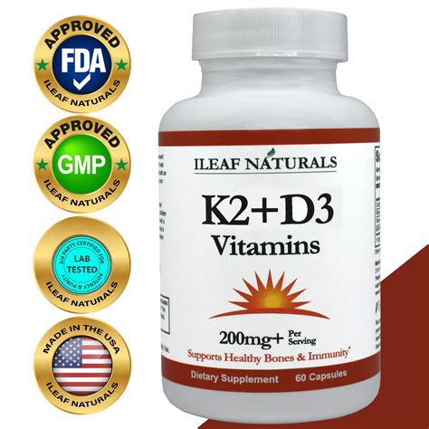 iLEAF NATURALS K2 + D3 Vitamins Supplement with BioPerine® Black Pepper ...