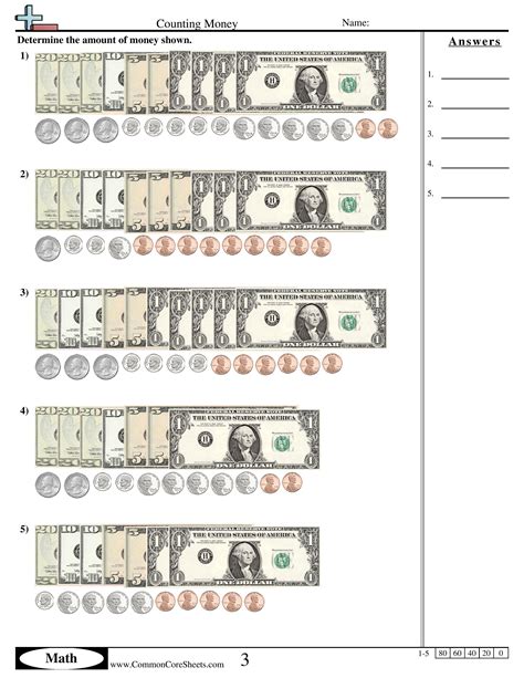 Counting Dollar Bills Worksheets