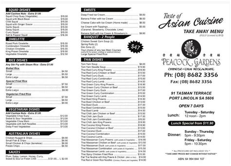 Menu at Peacock Gardens Chinese & Thai Restaurant, Port Lincoln, 91 Tasman Terrace