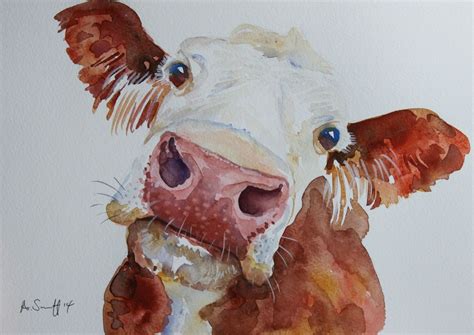 UNIQUE ORIGINAL BROWN COW CATTLE FARM WATERCOLOUR PAINTING "HEREFORD BEAUTY" | Cow art, Cow ...