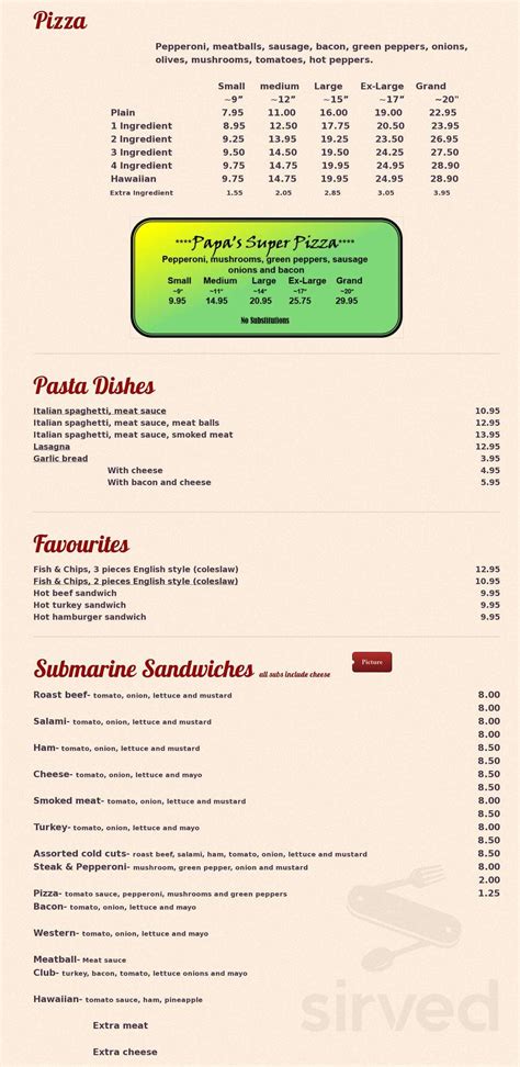 Papa's Pizzeria menu in Amherstview, Ontario, Canada