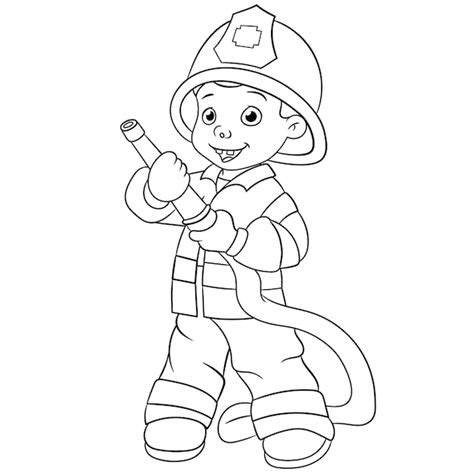 Premium Vector | Cute young fireman. Cartoon coloring book page for kids.