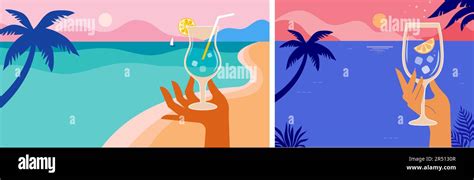 Summer beach party modern flat flyer design templates. Hands holding cocktail and wine glasses ...