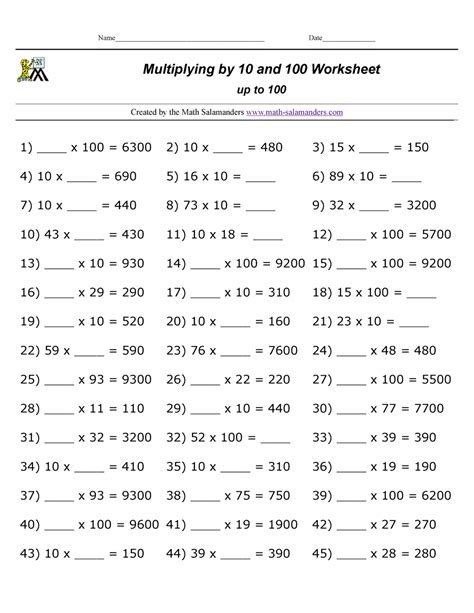 Multiplying by 10 and 100 Worksheets