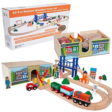 Orbrium Toys 52 Pcs Deluxe Wooden Train Set with 3 Destinations Fits Thomas, Brio, Chuggington ...