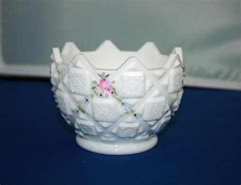 Vintage Westmoreland Milk Glass Bowl Old Quilt hand painted florals Candy Dish Nut Bowl