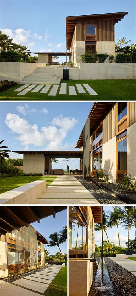 four different views of the outside of a house with grass and trees in front of it