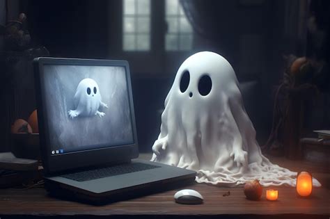 Halloween concept Scary ghost and laptop on dark background | Premium ...