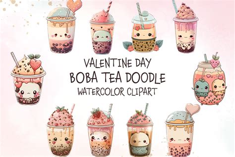 Valentines Day Boba Tea Doodle ClipArt Graphic by Turtle Rabbit ...