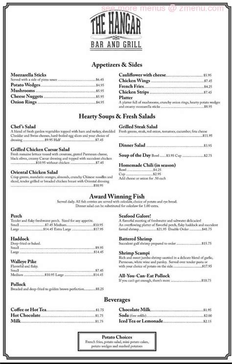 Menu at The Hangar Bar and Grill, Oshkosh