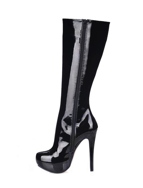 Black Knee High Boots Women Platform Patent Leather High Heel Booties ...