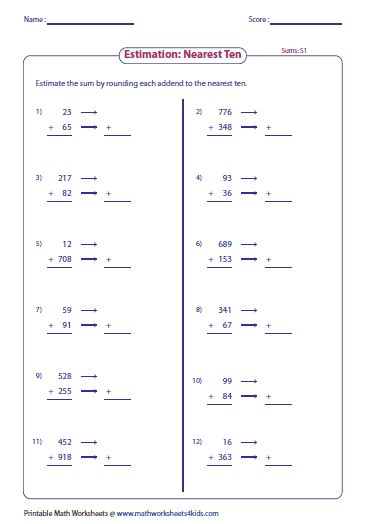 Estimating Sums and Differences: Nearest Ten | Math fractions ...