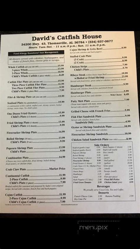 Menu of David's Catfish House in Thomasville, AL 36784