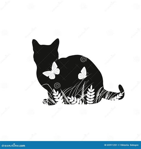 Silhouettes of Cat with Butterflies Stock Vector - Illustration of kitty, herb: 65911251