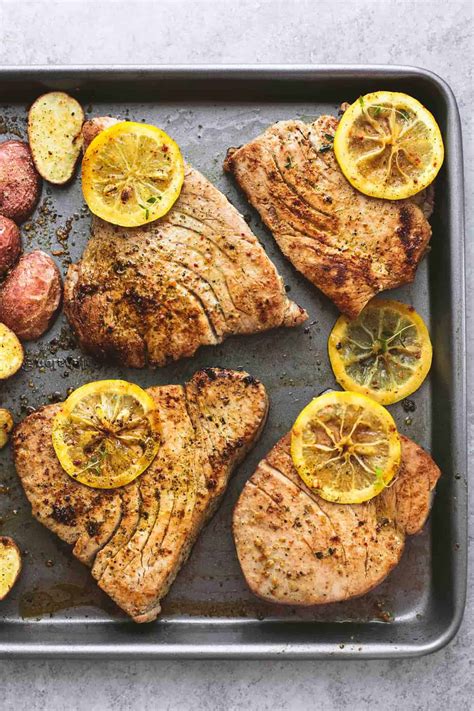 Sheet Pan Lemon Herb Tuna Steaks and Potatoes | Creme De La Crumb