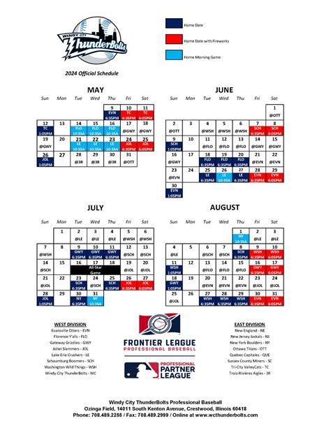 The Official Site Of The WC Thunderbolts: 2024 Printable PDF Schedule